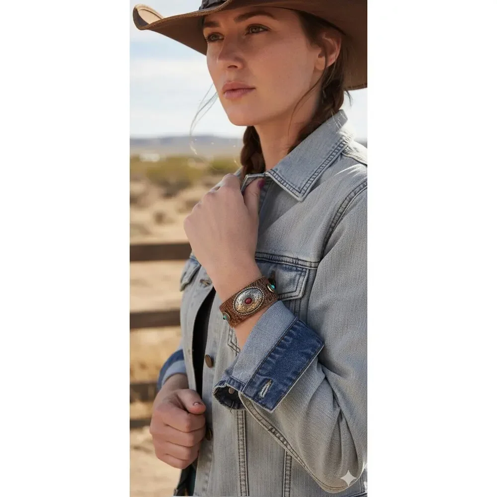 Handmade upcycled leather belt concho bracelet